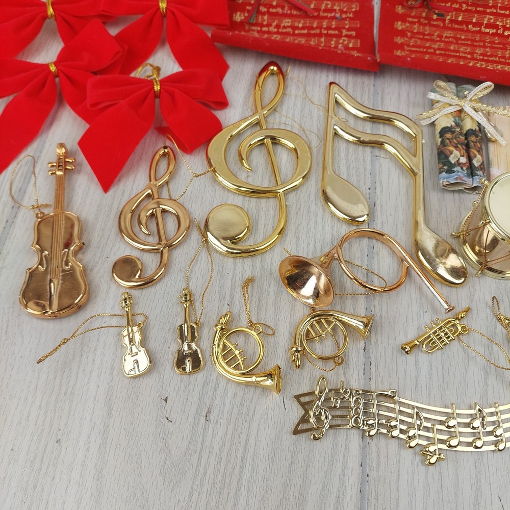 Vintage Musical Christmas Ornaments Gold Red Bows Music Symbols Instruments - Picture 5 of 6